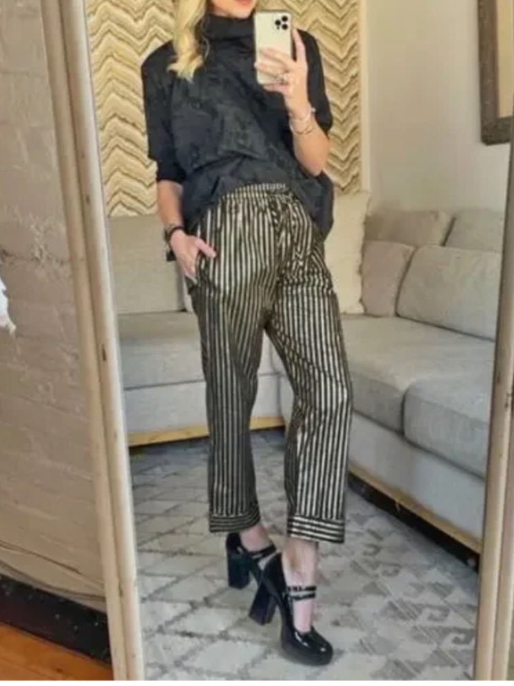 BURU Striped Ankle Pants in Black and Gold
